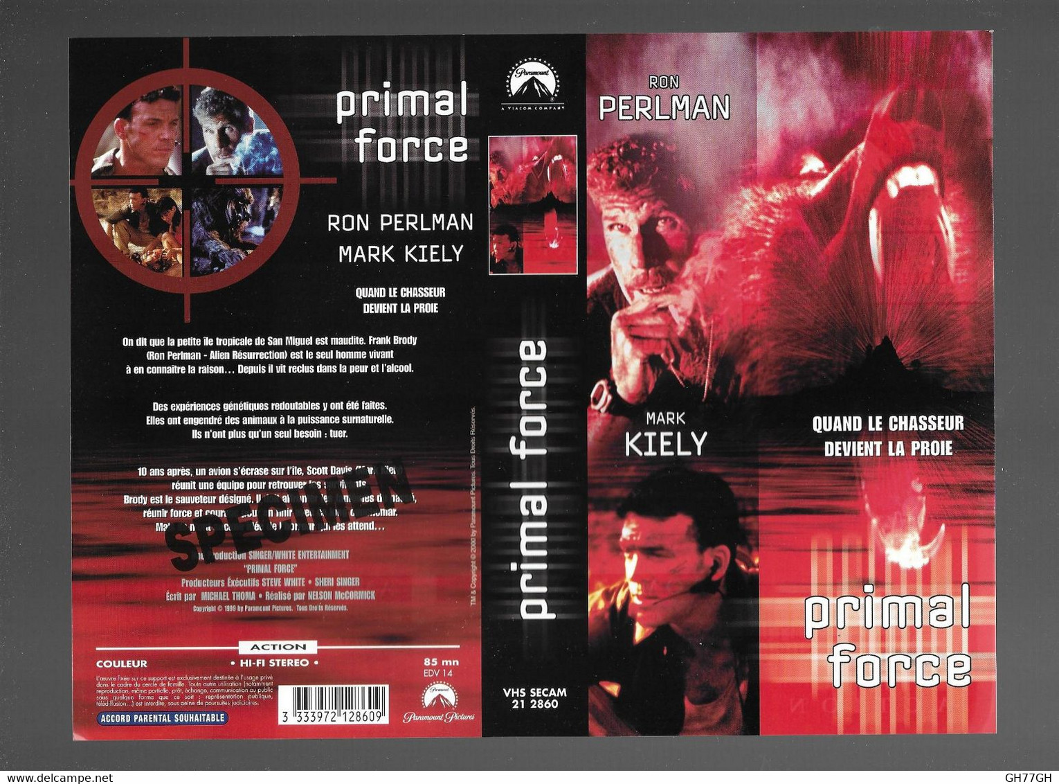 "PRIMAL FORCE" -Jaquette Originale SPECIMEN Vhs Secam PARAMOUNT -un Film De NELSON McCORMICK - Action & Abenteuer