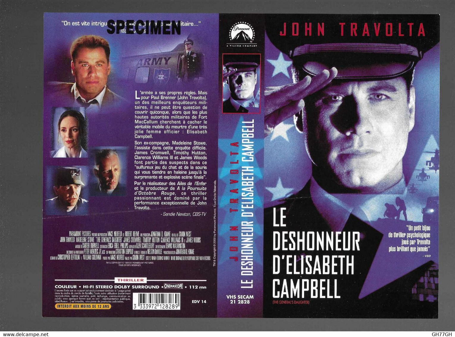 "LE DESHONNEUR D'ELISABETH CAMPBELL" -Jaquette Originale SPECIMEN Vhs Secam PARAMOUNT -JOHN TRAVOLTA - Action & Abenteuer