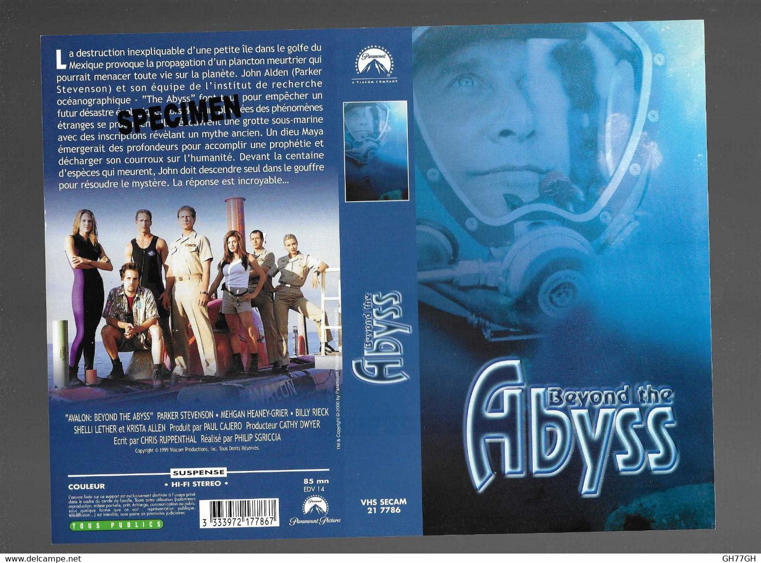 "BEYOND THE ABYSS" -Jaquette Originale SPECIMEN Vhs Secam PARAMOUNT -de PHILIP SGRICCIA - Action, Aventure