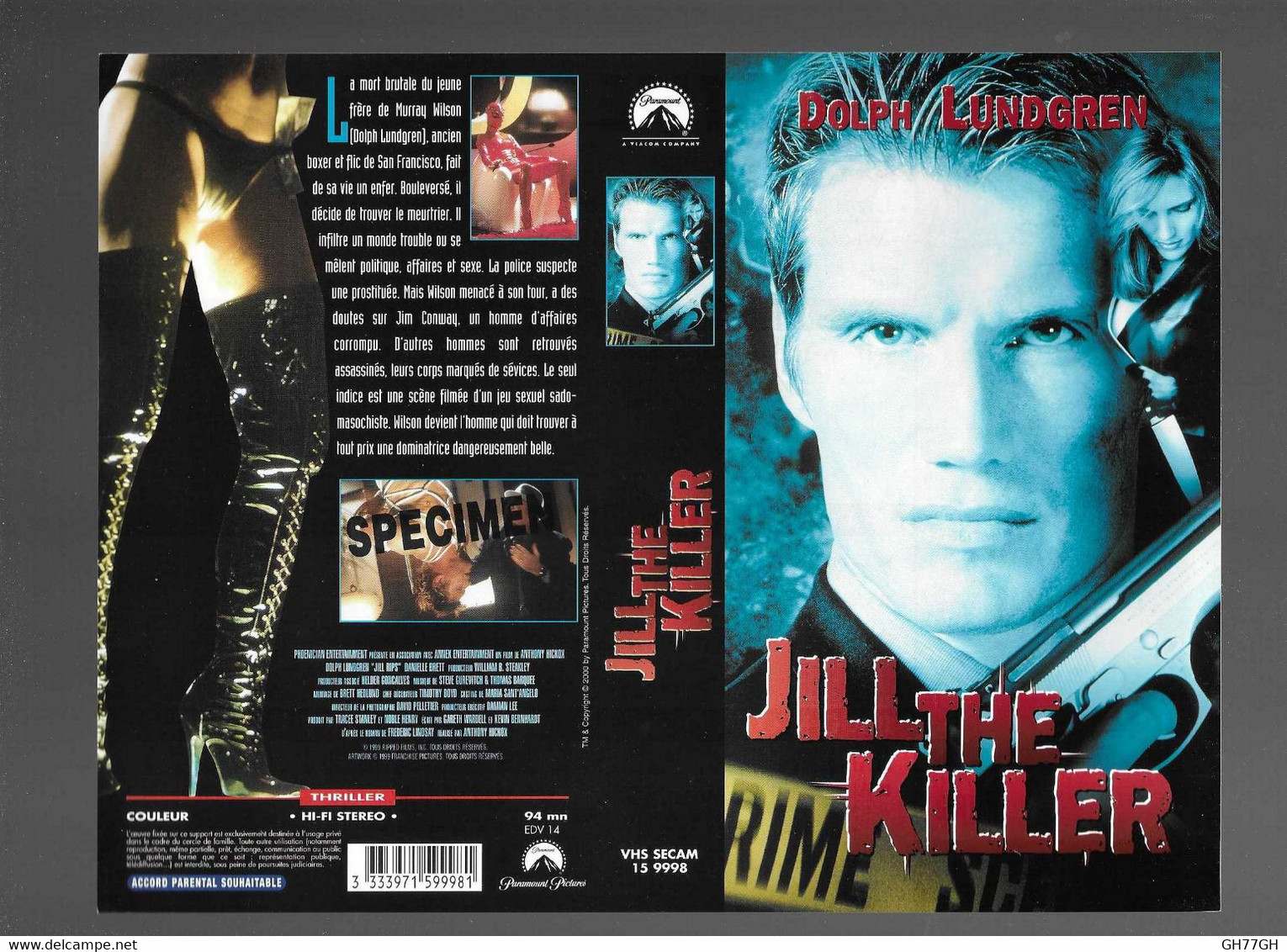 "JILL THE KILLER" -Jaquette Originale SPECIMEN Vhs Secam PARAMOUNT -de ANTHONY HICKOX Avec Dolf Lundgren - Acción, Aventura