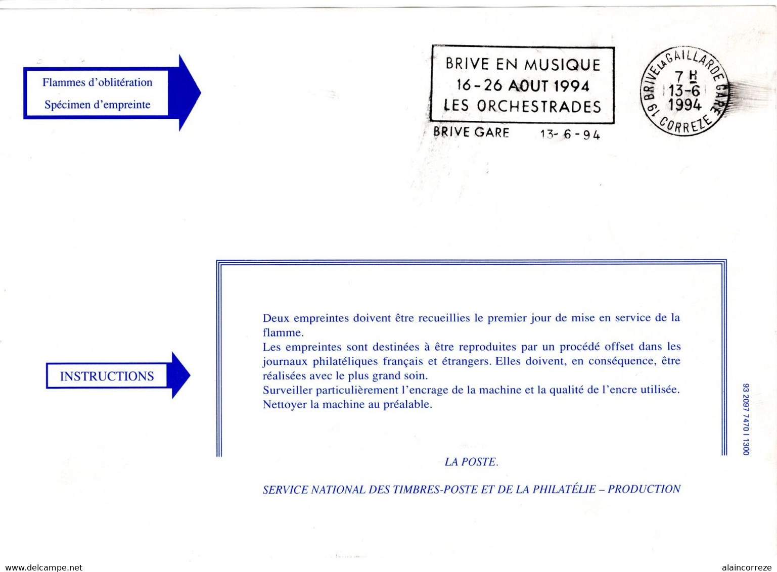 Flamme D'oblitération Spécimen D'empreinte 1er Jour Mise En Service Corrèze Brive Gare Brive En Musique 1994 - Documents Of Postal Services