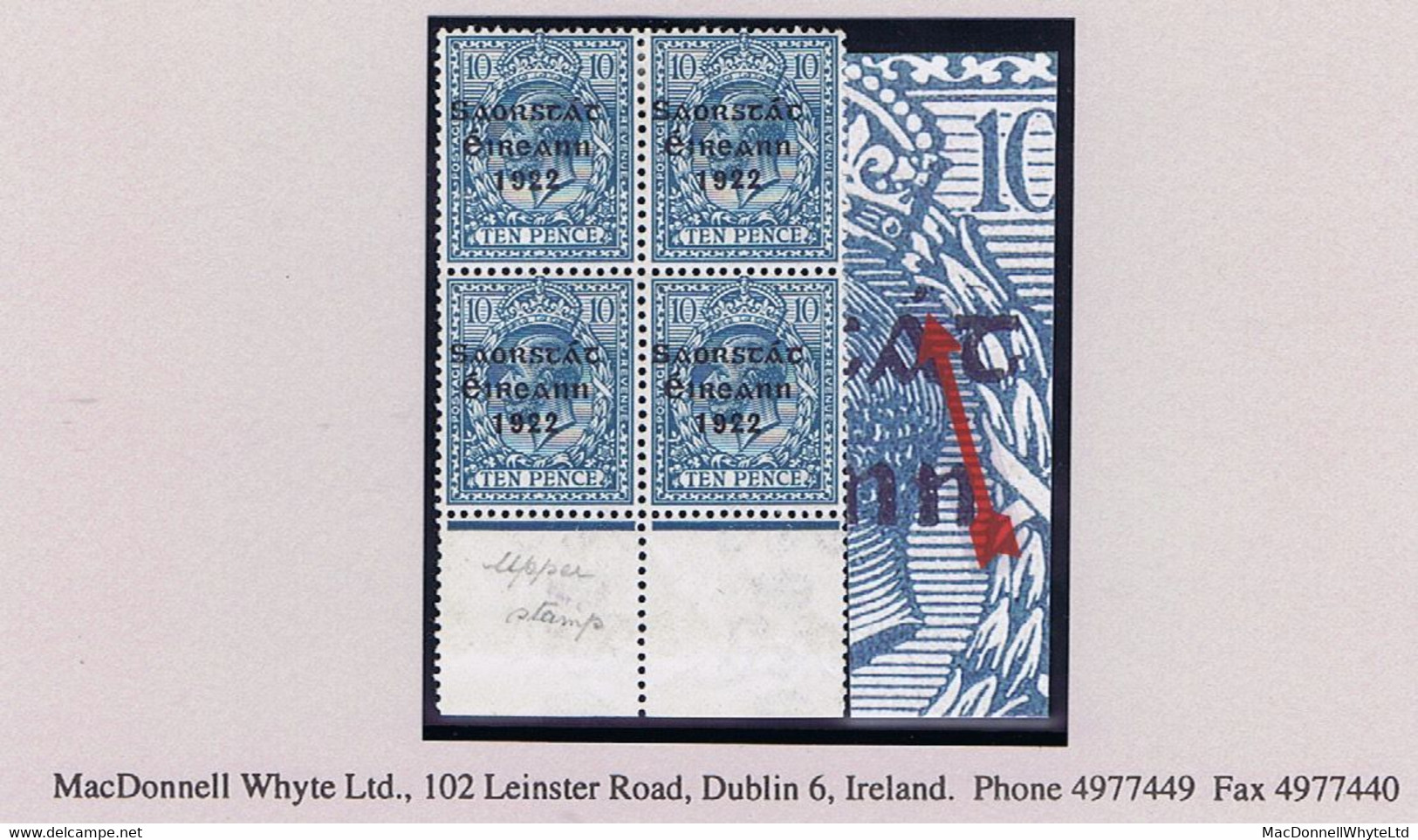 Ireland 1922-23 Thom Saorstat 3-line Ovpt On 10d Var "Dot For Accent" Of Row 19/4 In Marginal Block Of 4 Fresh Mint - Ungebraucht