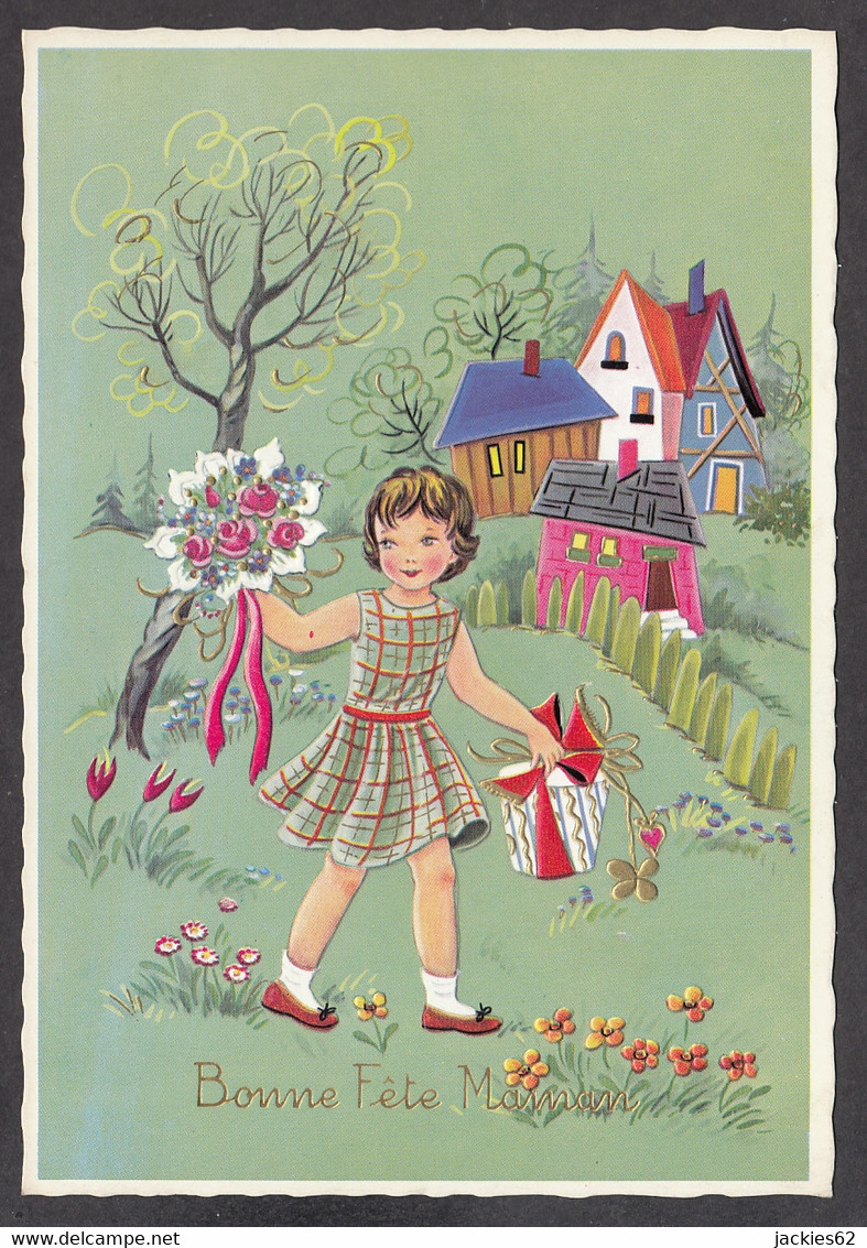 092237/ Fillette Avec Des Fleurs Et Des Cadeaux, Fête Des Mères, Gaufrée - Kinder-Zeichnungen