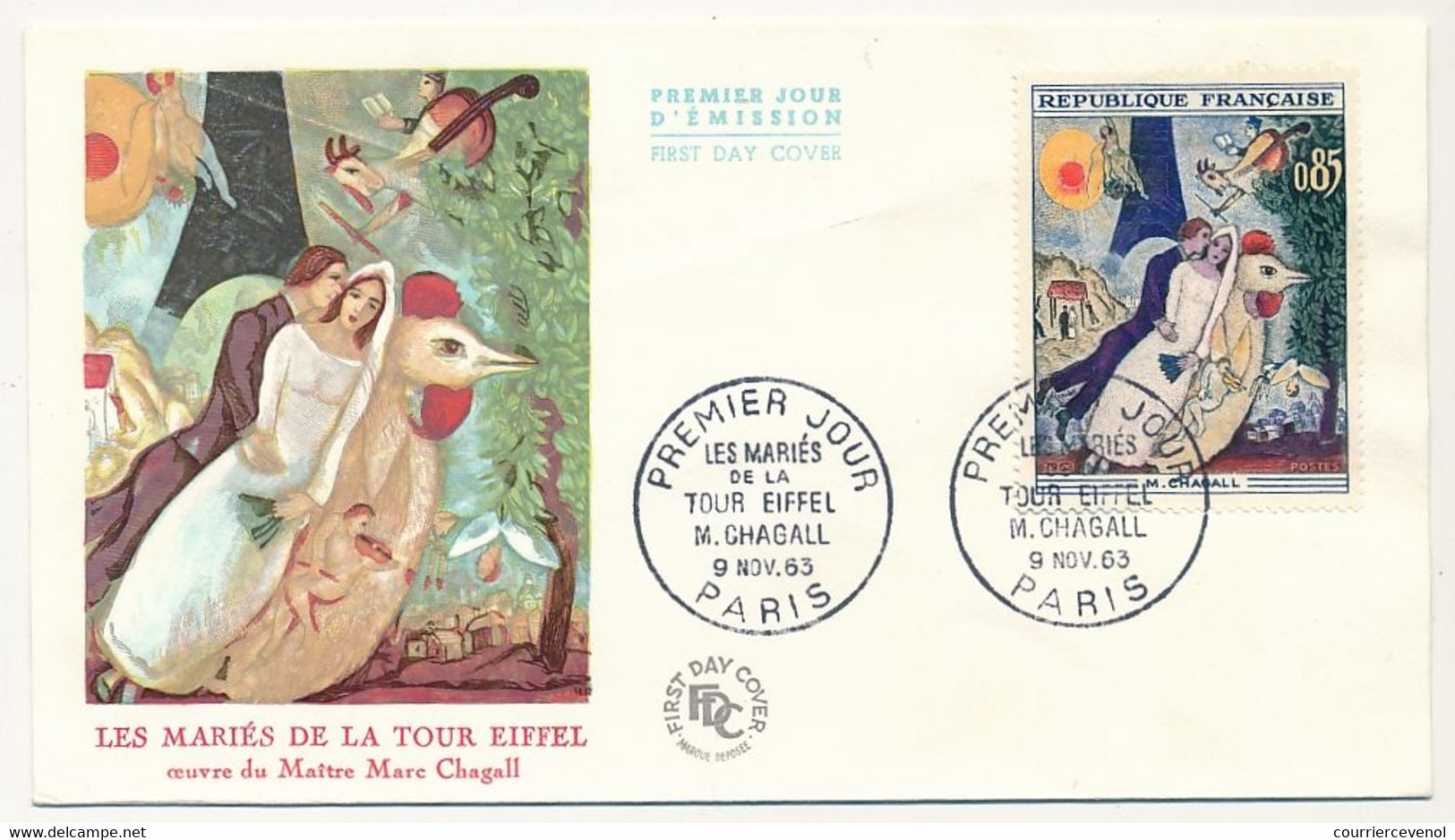 FRANCE - 5 Env. FDC - 0,85 Chagall - Les Mariés De La Tour Eiffel - Obl Paris, Salon De L'Enfance Et Vence - 9/11/1963 - 1960-1969