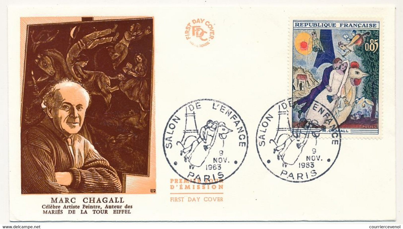 FRANCE - 5 Env. FDC - 0,85 Chagall - Les Mariés De La Tour Eiffel - Obl Paris, Salon De L'Enfance Et Vence - 9/11/1963 - 1960-1969