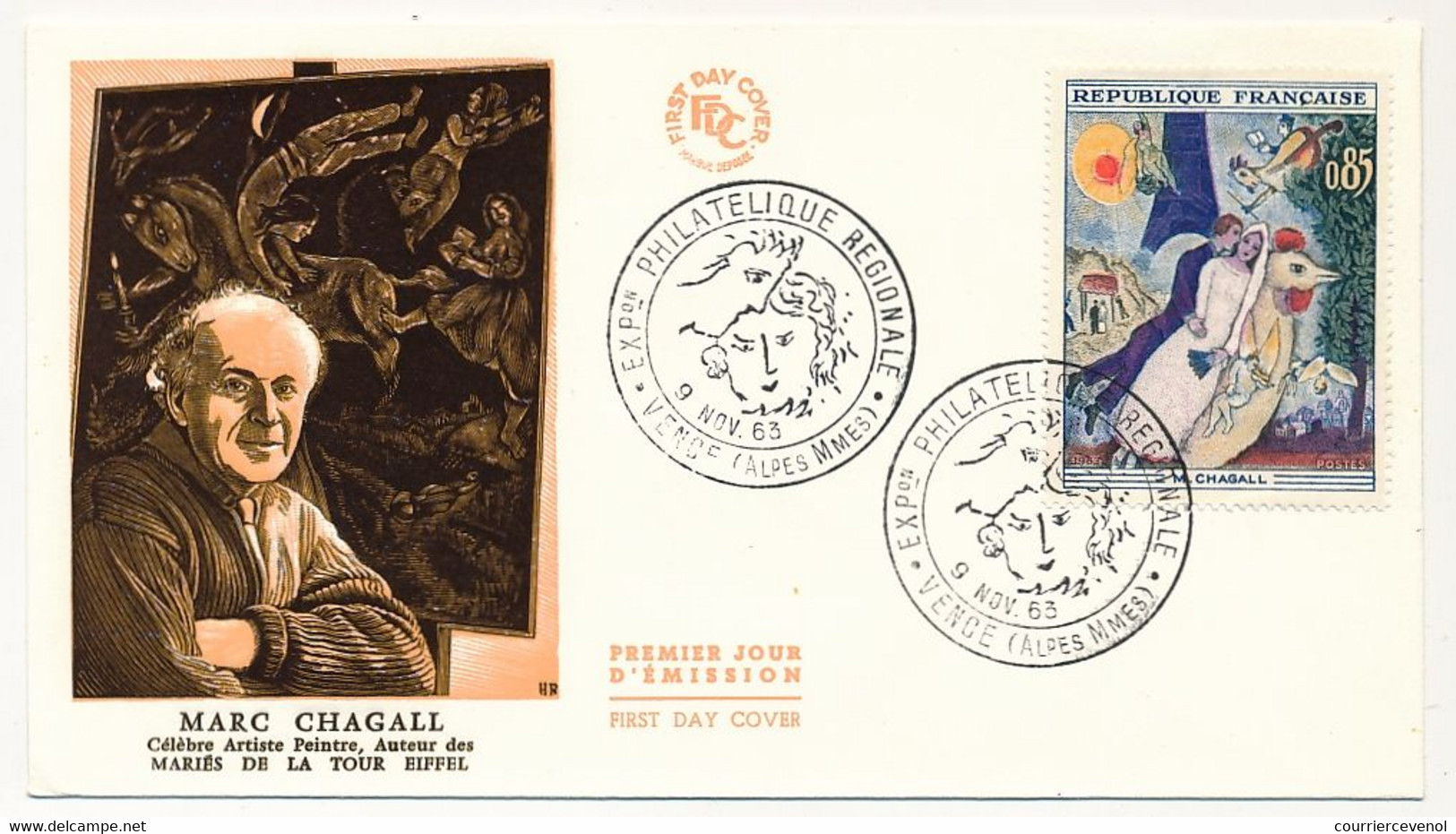 FRANCE - 5 Env. FDC - 0,85 Chagall - Les Mariés De La Tour Eiffel - Obl Paris, Salon De L'Enfance Et Vence - 9/11/1963 - 1960-1969