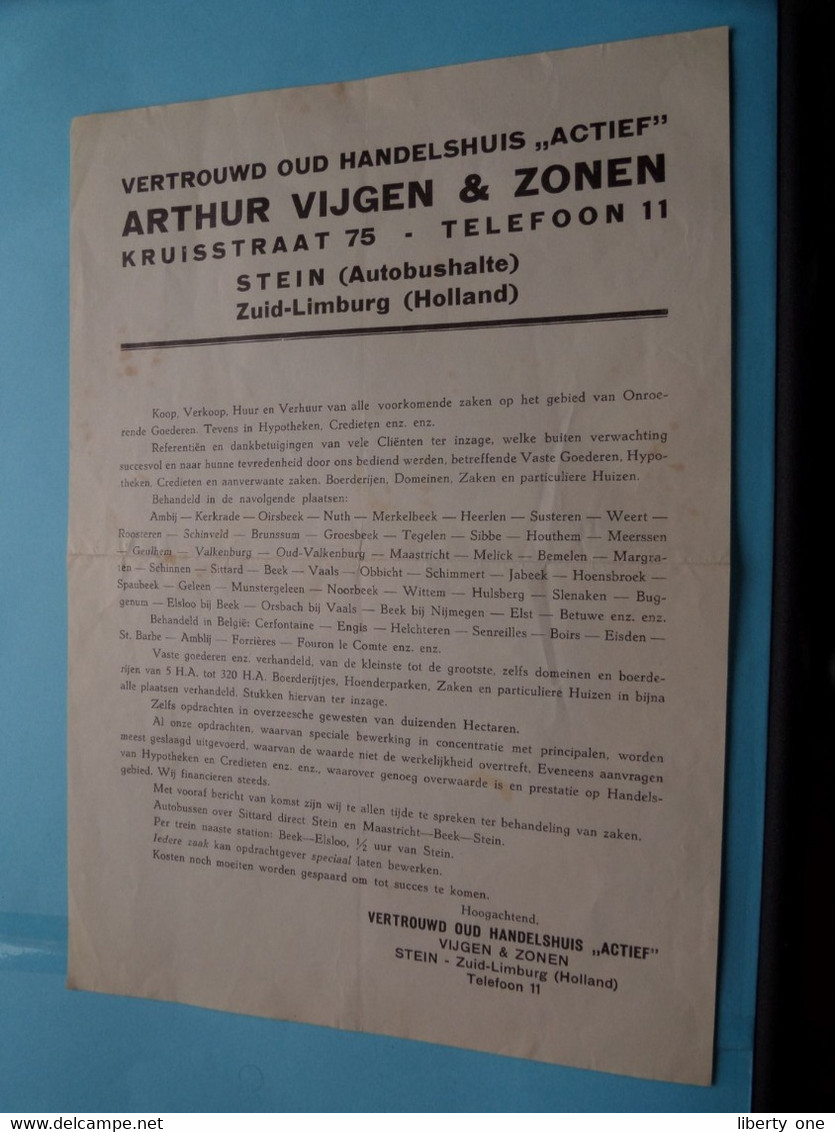 Vertrouwd Oud Handelshuis " ACTIEF " VIJGEN & ZONEN > STEIN Zuid-Limburg (Holland) Tel 11 ( Zie Foto's ) Publi A4 ! - Advertising