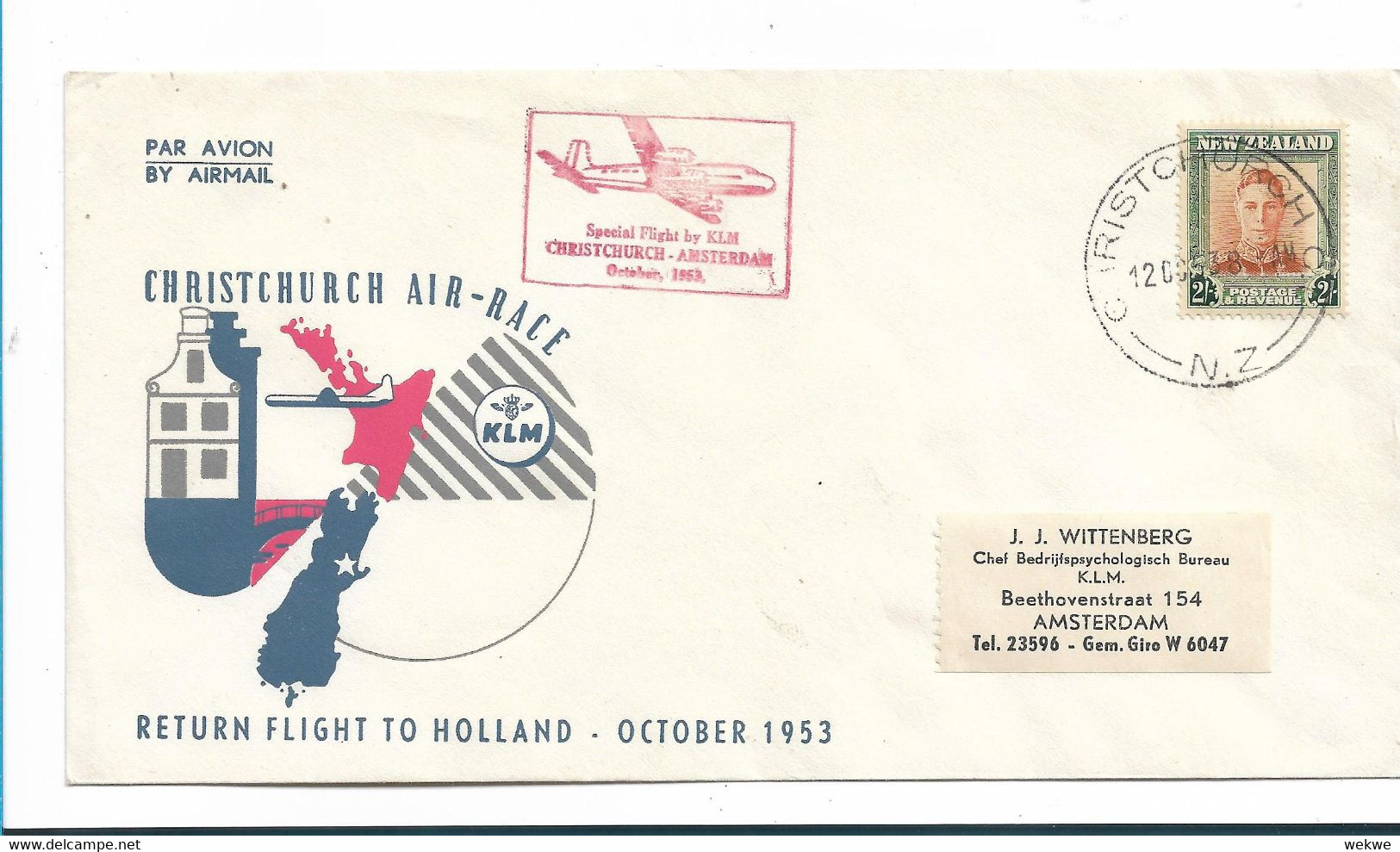 NZ190/ NEUSEELAND - Sonderflug Mit KLM, Christchurch - Amsterdam Mit 2 Sh, Marke King Georg VI - Covers & Documents