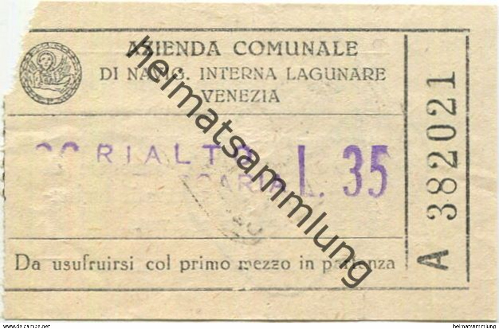 Italien - Azienda Comunale Di Navig. Interna Lagunare Venezia - Rialto - Fahrschein L.35 - Europe