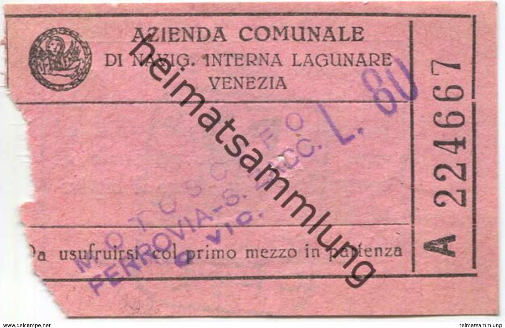 Italien - Azienda Comunale Di Navig. Interna Lagunare Venezia - Motoscafo Ferrovia-S.Zacc. - Fahrschein L.80 - Europe