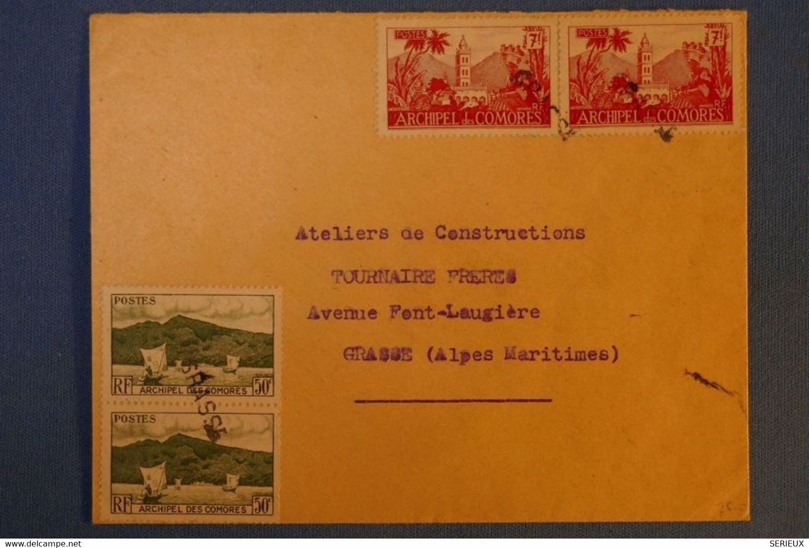 E 12 COMORES BELLE LETTRE RARE 1946 POUR GRASSE FRANCE + CURSIVE RARE SUR PAIRES - Lettres & Documents