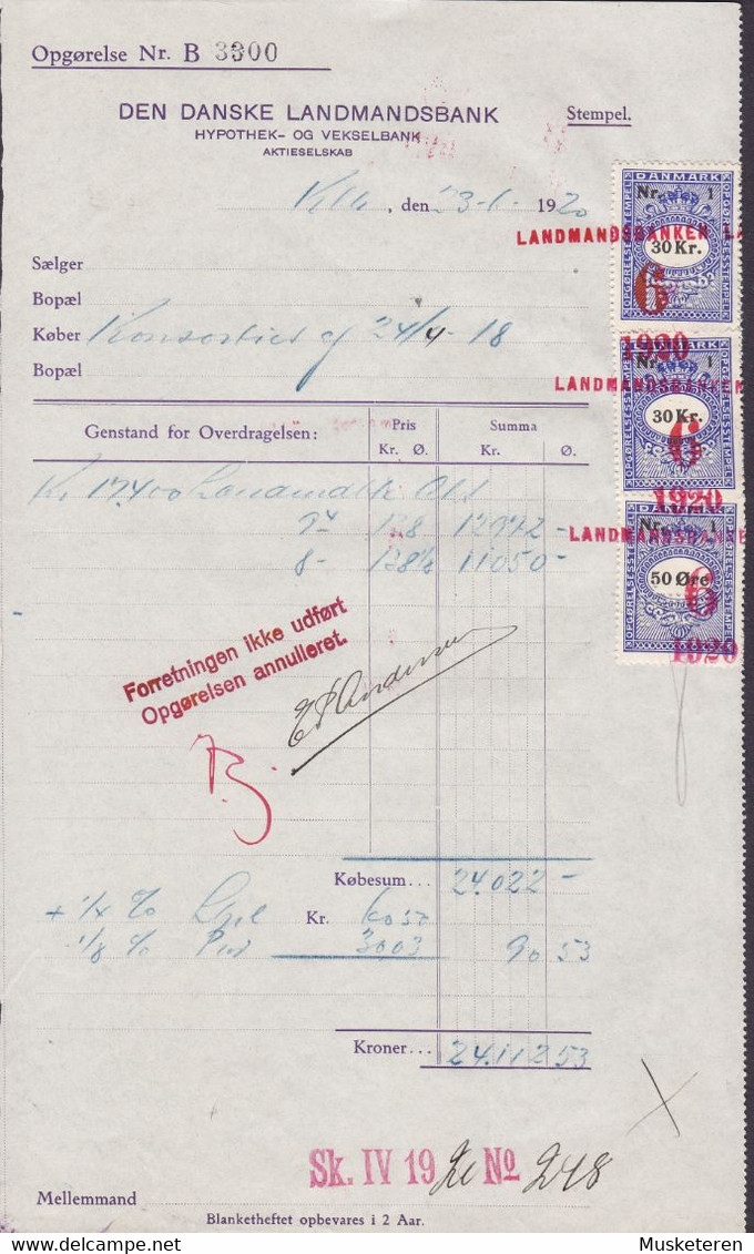 Denmark Perfin Perforé Lochung (L16) 'LB' Landmandsbanken, København 3x OPGØRELSES Mærke På Blanket 1920 (2 Scans) !! - Varietà & Curiosità