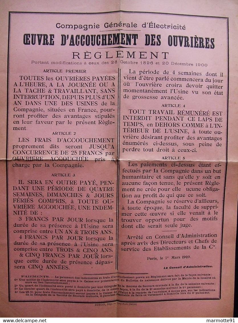 COMPAGNIE GENERALE ELECTRICITE  OEUVRE D ACCOUCHEMENT DES OUVRIERES  REGLEMENT  1909 SYNDICAT OUVRIER DROIT TRAVAIL - Historical Documents