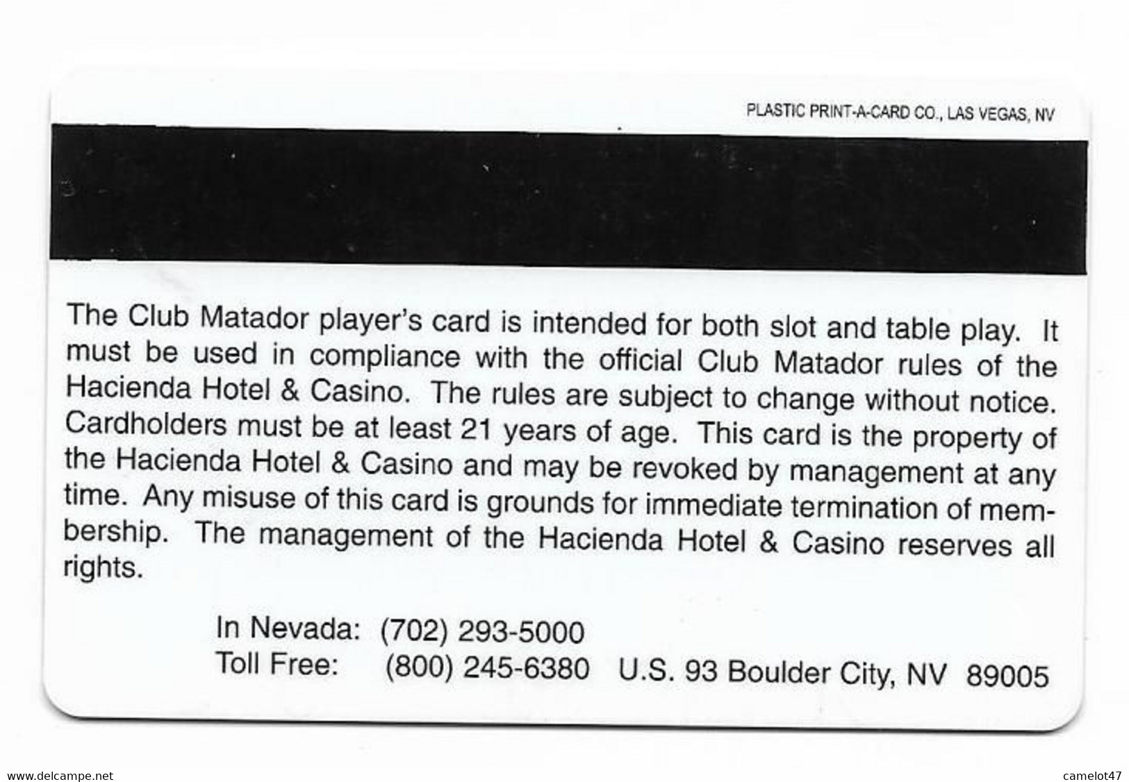 Hacienda Casino, Boulder City, NV, U.S.A., Older Used Slot Or Player's  Card,  # Hacienda-1 - Casino Cards