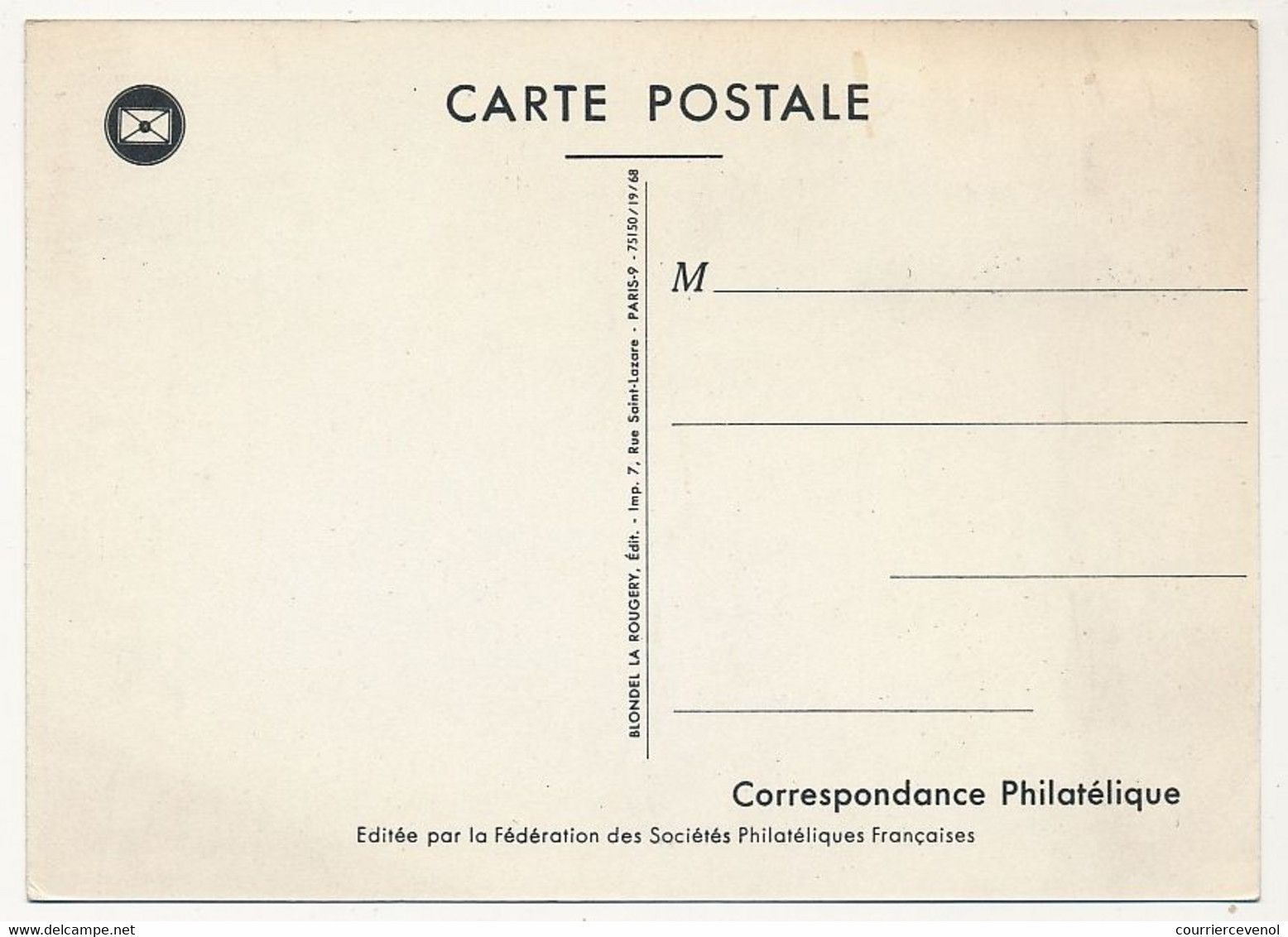FRANCE - Carte Fédérale - Journée Du Timbre 1968 - Facteur Rural De 1830 - 13 MARSEILLE - 16/3/1968 - Día Del Sello