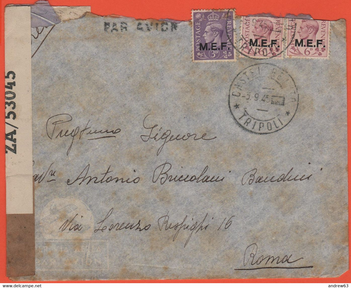 Colonie Italiane Occupate - M.E.F. - 1945 - Via Aerea - Completa Di Lettera - Aperta Per Censura, Opened By Censor - Via - Britische Bes. MeF