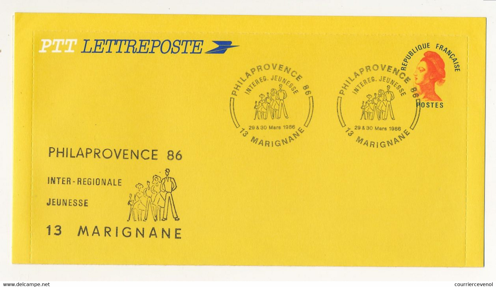 Lettre-poste Jaune Avec Cachet Temporaire Et Repiquage - Philaprovence - Interrég. Jeunesse - MARIGNANE 1986 - Umschläge Mit Aufdruck (vor 1995)