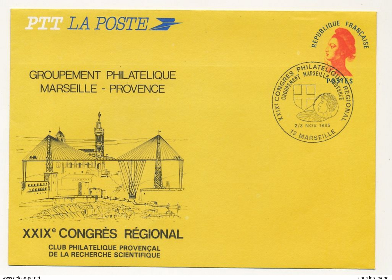 Enveloppe Jaune Avec Cachet Temporaire Et Repiquage - Groupement Philatélique  Marseille Provence - Nov 1985 - Bigewerkte Envelop  (voor 1995)