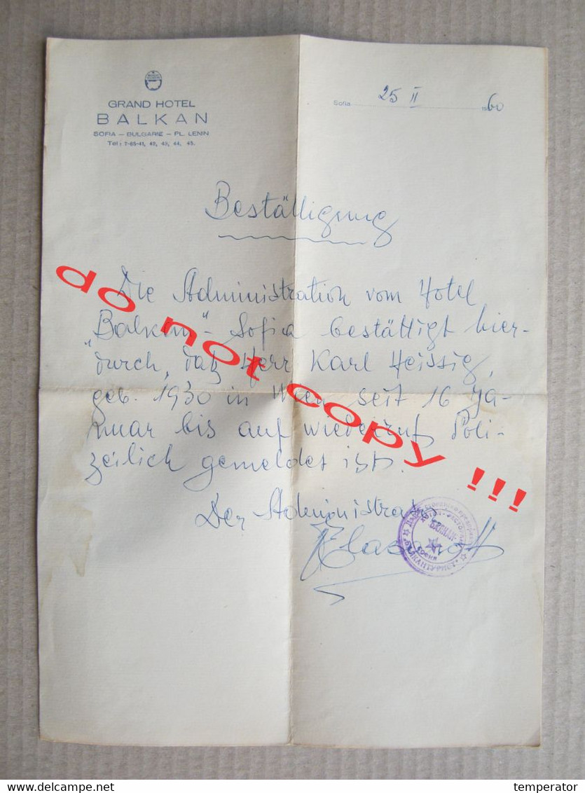 Bulgaria / Sofia - GRAND HOTEL BALKAN ( 1960 ) / Letter With Seal - Cartas & Documentos