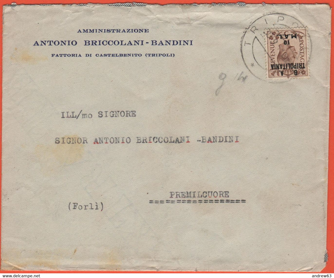 Colonie Italiane Occupate - B.A. Tripolitania - 1951 - 10 M.a.l. - Azienda Agricola Antonio Briccolani-Bandini Di Castel - Tripolitania