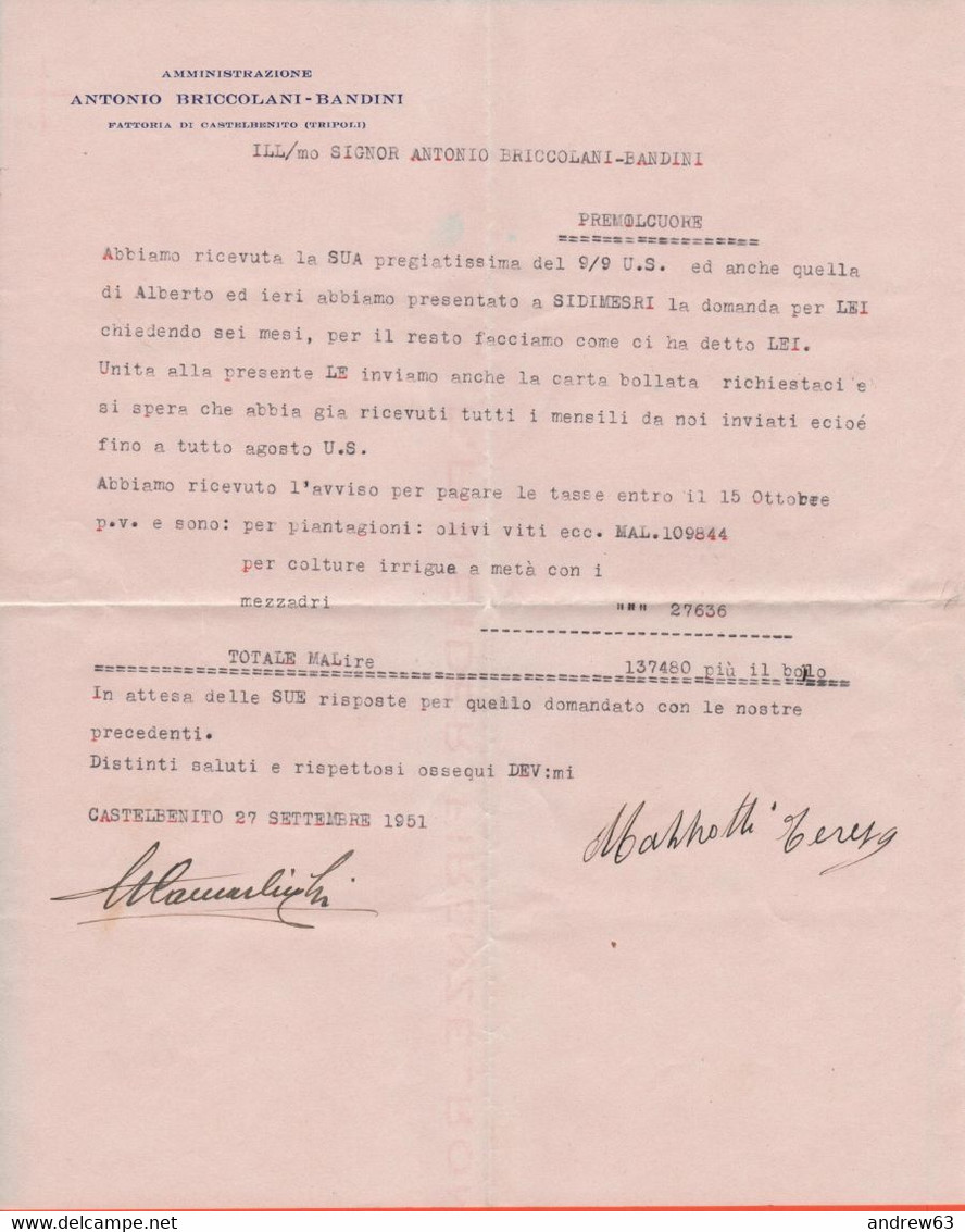Colonie Italiane Occupate - B.A. Tripolitania - 1951 - 10 M.a.l. - Azienda Agricola Antonio Briccolani-Bandini Di Castel - Tripolitaine