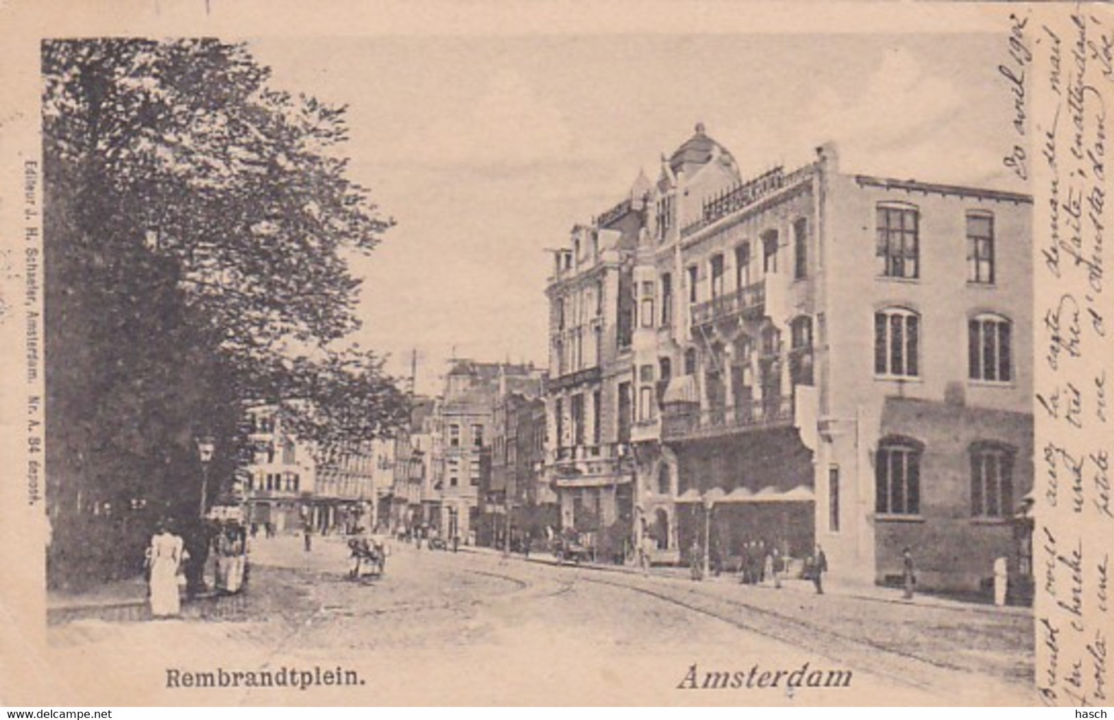 1838	33	Amsterdam, Rembrandtsplein Café ,,de Kroon’’ (poststempel 1902)(linksonder Een Scheurtje En Een Vouw) - Amsterdam