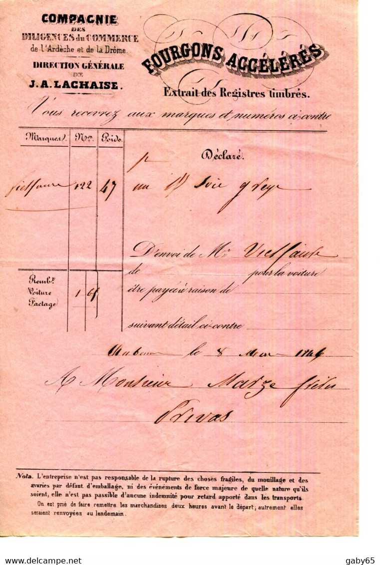 FACTURE.07.ARDECHE.26.DROME.COMPAGNIE DES DILIGENCES DU COMMERCE.FOURGONS ACCÉLÉRÉS.J.A.LACHAISE.1846. - Verkehr & Transport