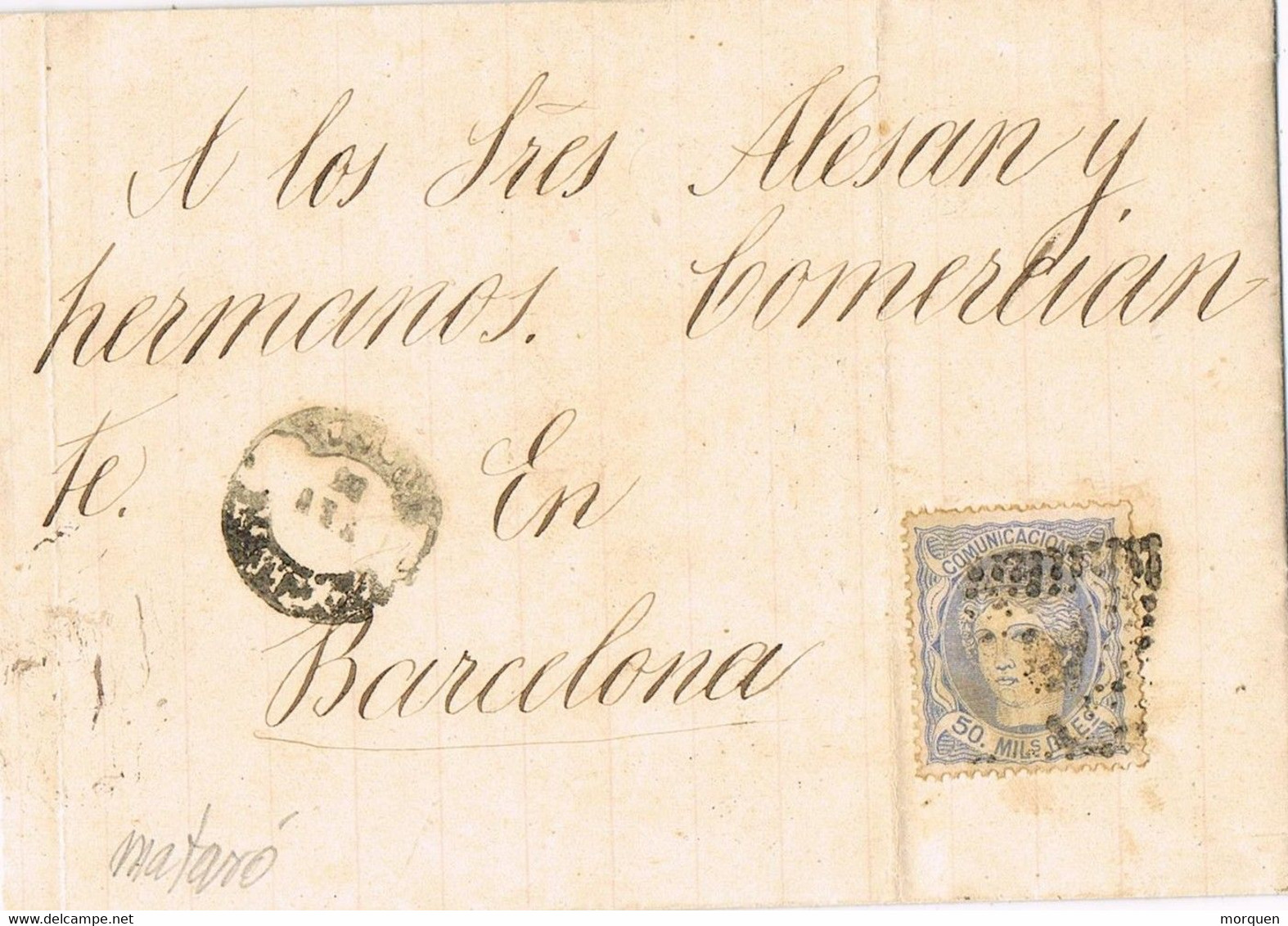 42287. Carta Entera MATARÓ (Barcelona) 1872 A Barcelona - Storia Postale