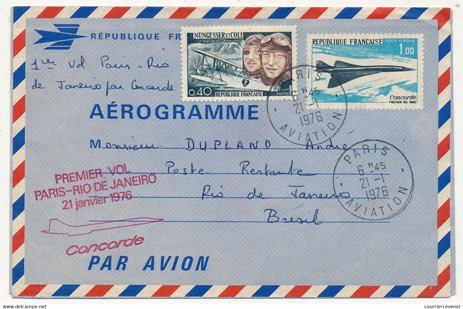 FRANCE => Aérogramme 1,00 Concorde + 0,40 Nungesser Coli - Paris Aviation 21/1/1976 PREMIER VOL PARIS RIO - Aerogramas
