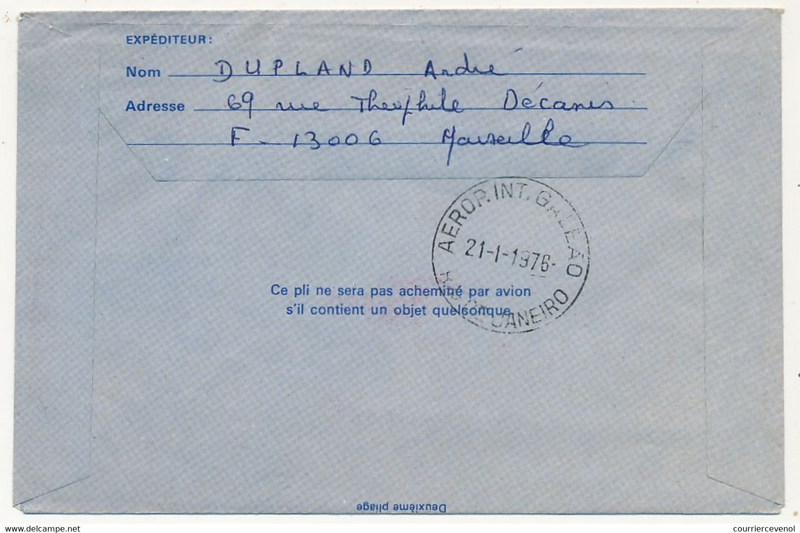 FRANCE => Aérogramme 1,00 Concorde + 0,40 Nungesser Coli - Paris Aviation 21/1/1976 PREMIER VOL PARIS RIO - Aerogramas