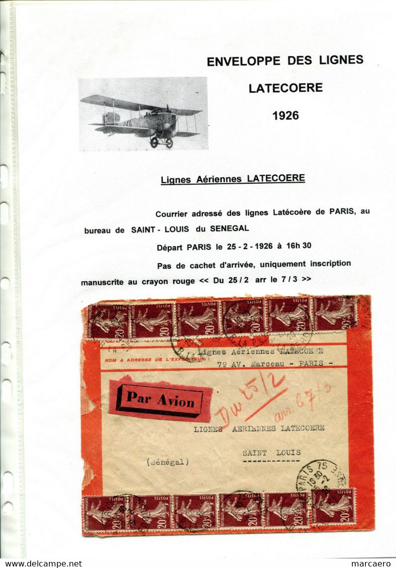 Enveloppe Ligne Latecoere 1926 Paris - St Louis Du Senegal  Lignes Aeropostale Mermoz St Exupery - Andere (Lucht)