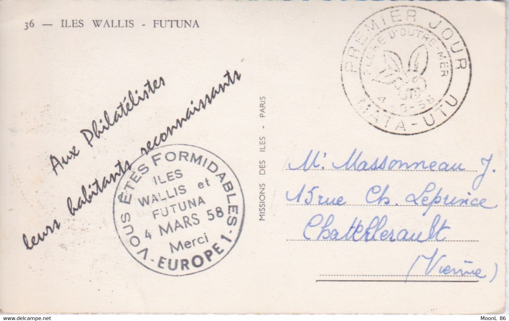 ILES WALLIS ET FUTUNA - FDC - 1 ER JOUR 4 MARS 1958 CACHET ET TIMBRE  MATA UTU - AUX PHILATELISTES - Covers & Documents