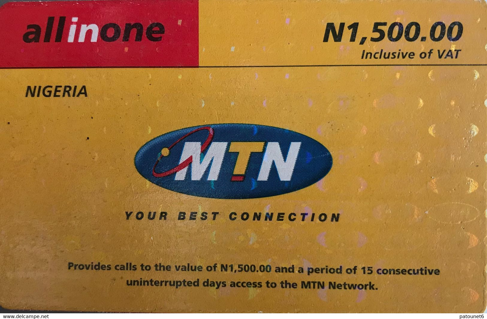 NIGERIA  -  Recharge  - MTN -  Allinone  - Pay As You Go  -  N 1.500,00 - Nigeria