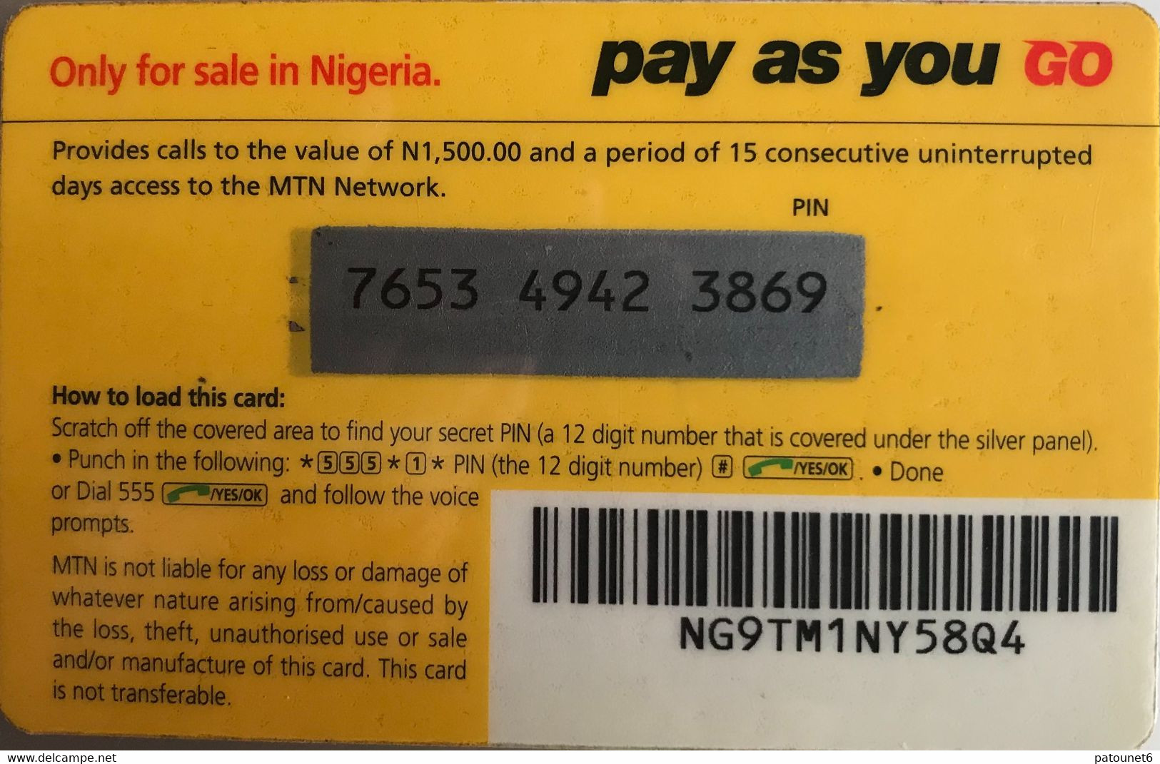 NIGERIA  -  Recharge  - MTN -  Allinone  - Pay As You Go  -  N 1.500,00 - Nigeria