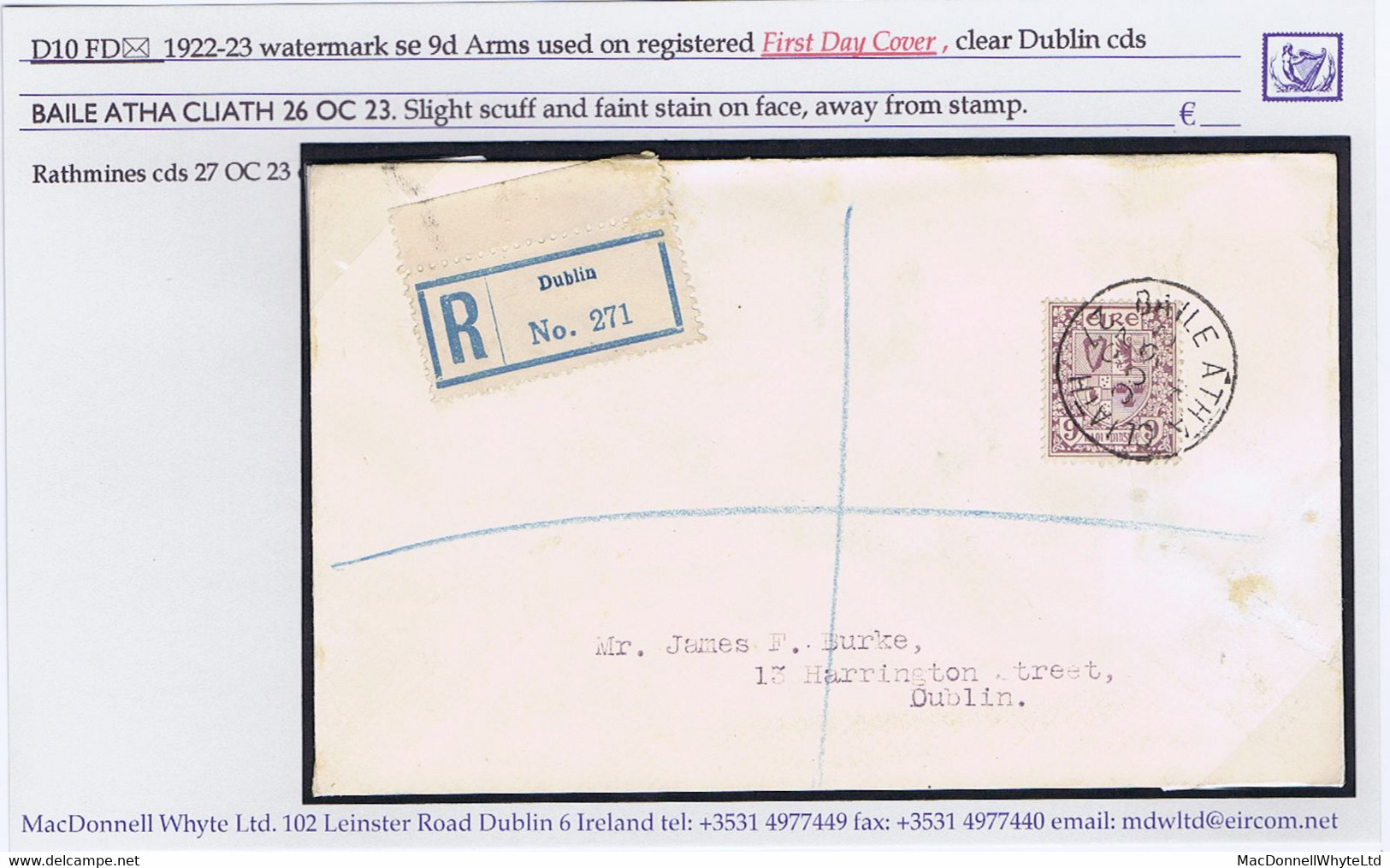 Ireland 1922-23 Wmk SE 9d Arms, Used On Registered First Day Cover Dublin Cds 26 OC 23, Slight Scuff And Small Stain - Storia Postale