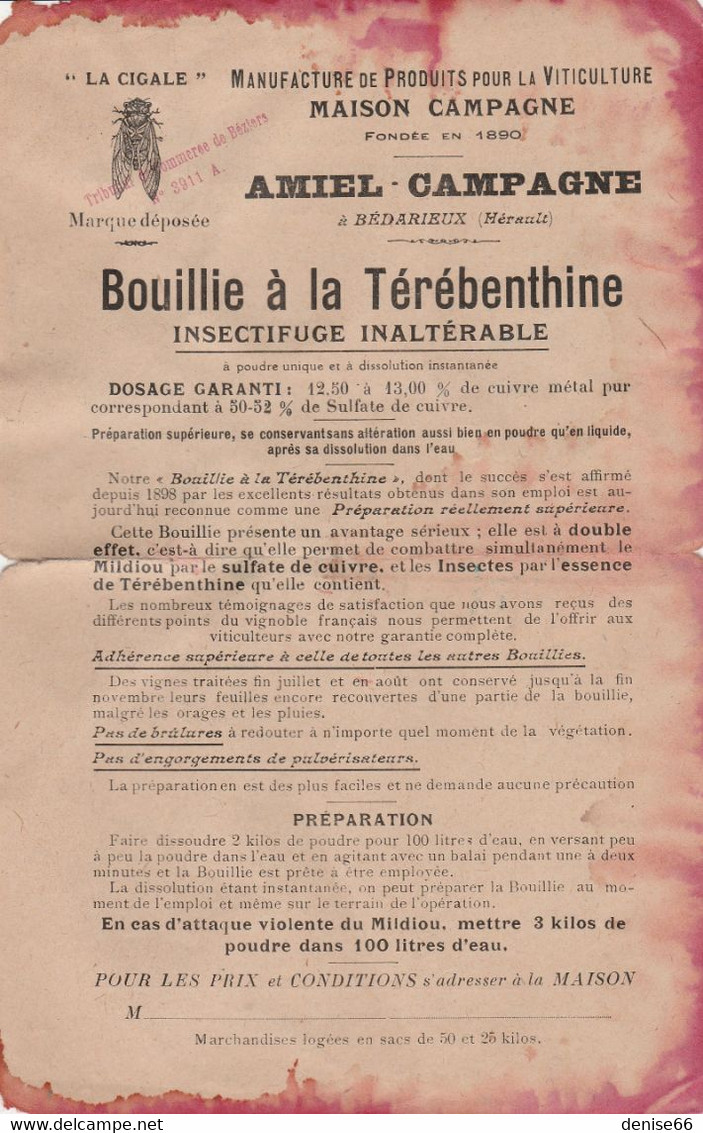 BEDARIEUX (34) - AMIEL-CAMPAGNE - Bouillie à La Térébenthine - Insectifuge Inaltérable "LA CIGALE" Analyse & Prix - Historische Dokumente