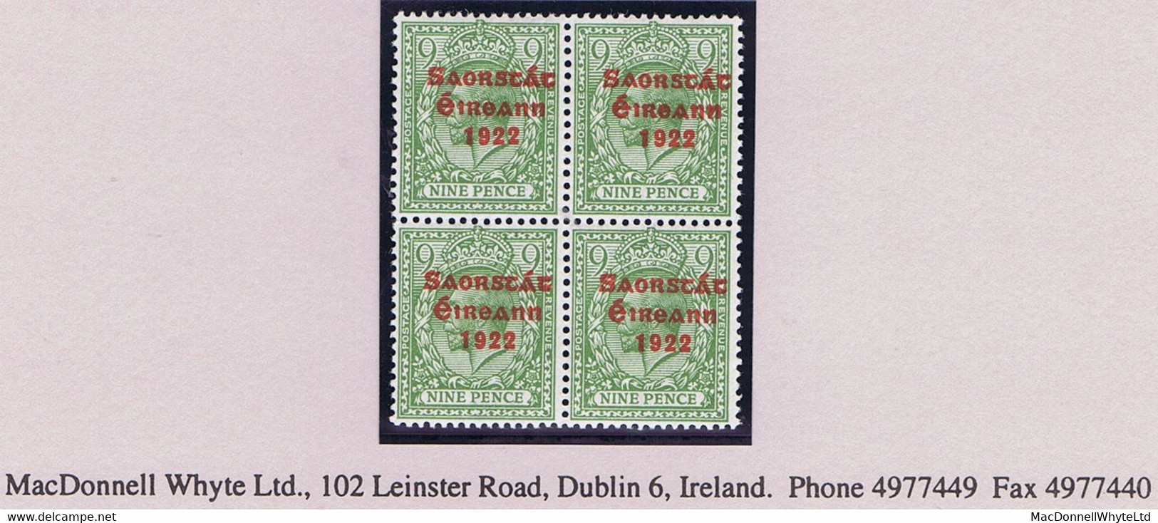 Ireland 1922-23 Thom Saorstat 3-line Ovpt On 9d Green, Clear "Offset On Reverse", Block Of 4 Fresh Mint - Neufs