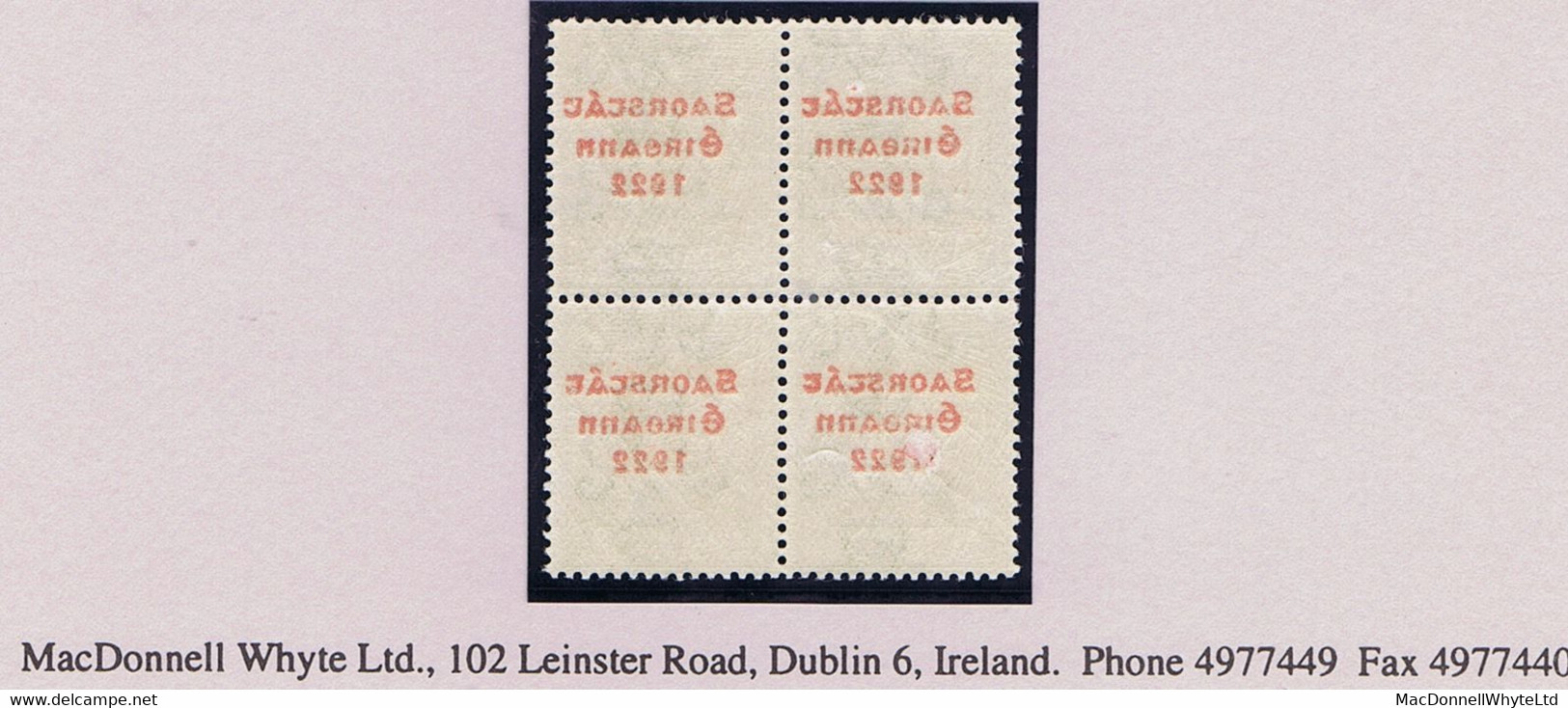 Ireland 1922-23 Thom Saorstat 3-line Ovpt On 9d Green, Clear "Offset On Reverse", Block Of 4 Fresh Mint - Neufs