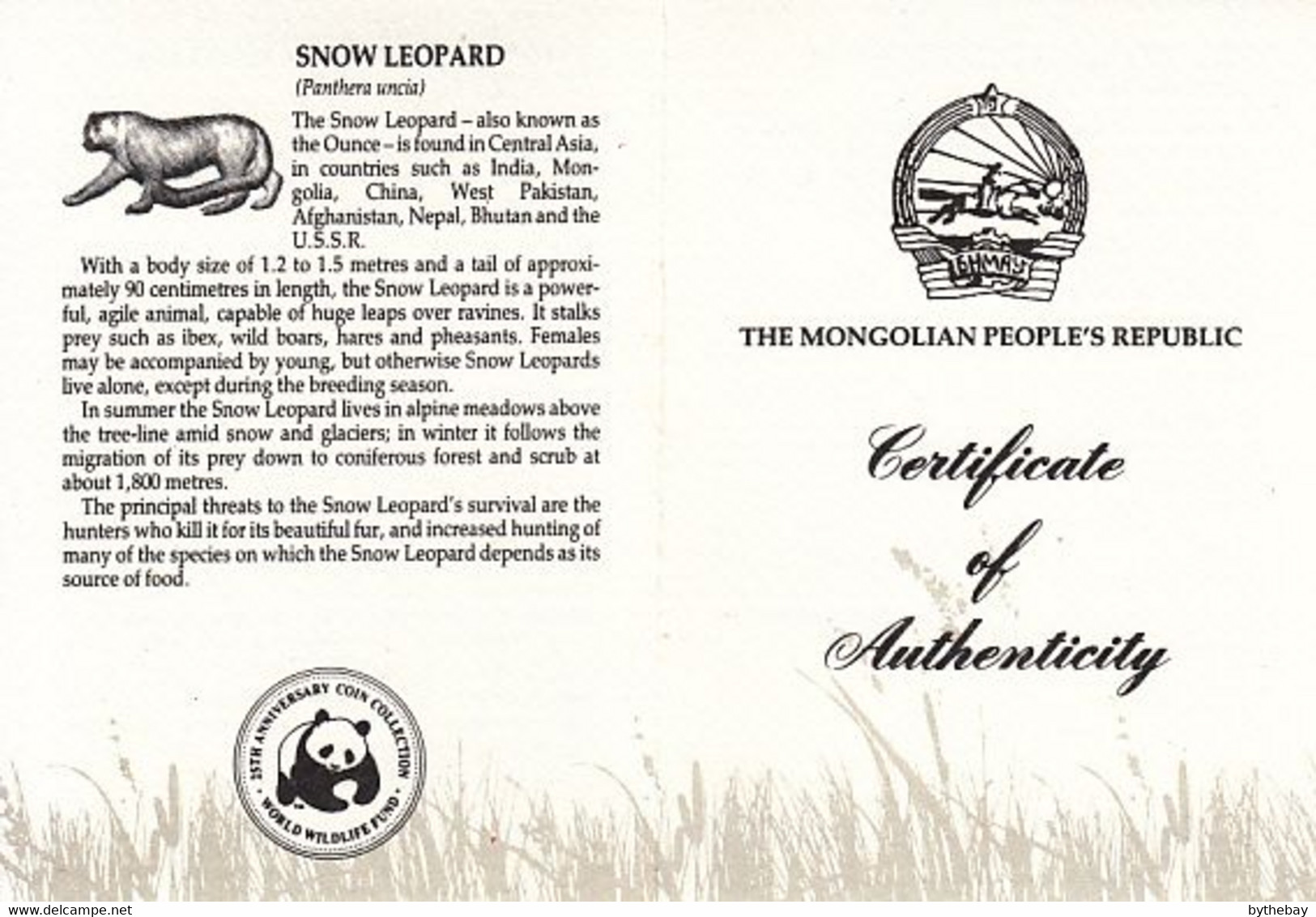 WWF 25th Anniversary Coin Mongolia Snow Leopard - Mongolei