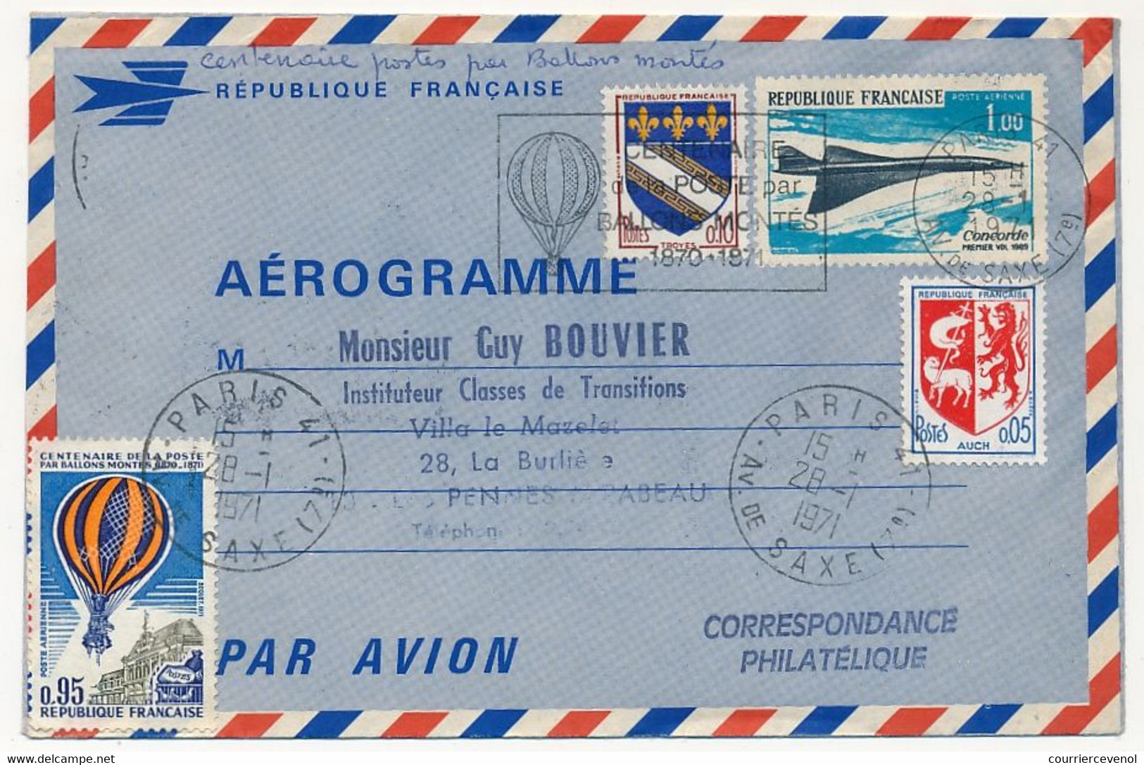 FRANCE => Aérogramme 1,00F Concorde + Affr Compl. OMEC (faible) Centenaire Poste Par Ballons Montés 1971 - Aerogramas