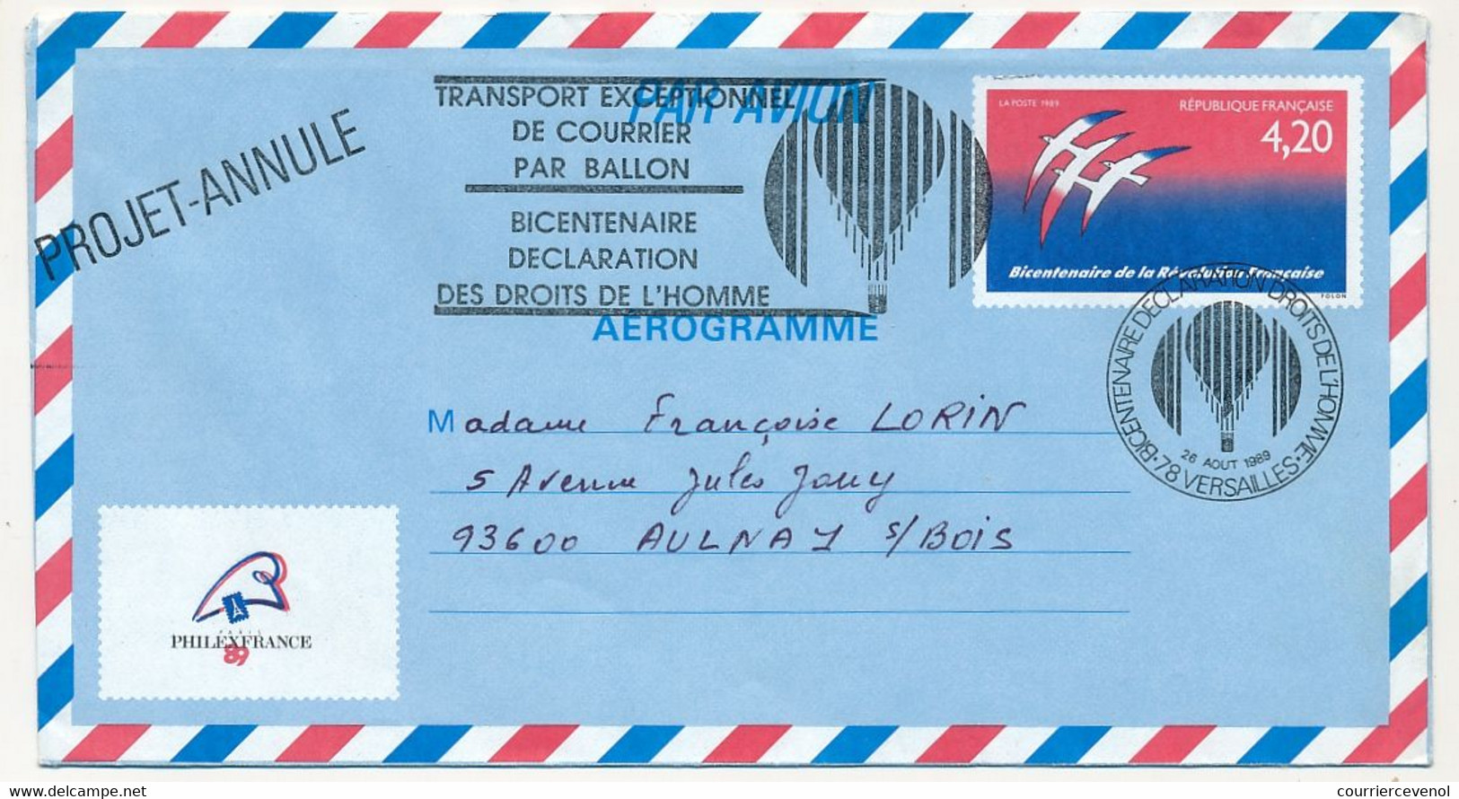 FRANCE => Aérogramme 4,20 Bicentenaire - Transport Exceptionnel Par Ballon / Bicentenaire Déclaration Droits De L'homme - Aérogrammes
