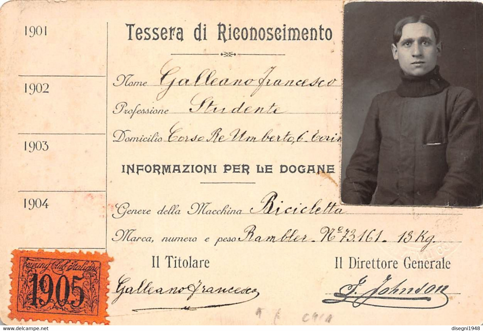 10381 "TESSERA DI RICONOSCIMENTO - L.I.A.T. - TOURING CLUB ITALIANO -TORINO - NR. 84264 -1905" ORIG. - Altri & Non Classificati