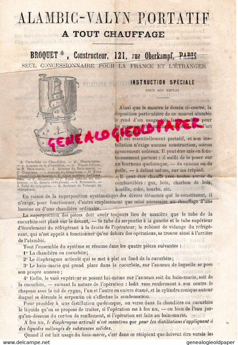 75- PARIS- ALAMBIC VALYN PORTATIF-CHAUFFAGE - BROQUET CONSTRUCTEUR 121 RUE OBERKAMPF- DISTILLATEUR- PAUL BOUSREZ TOURS - Historical Documents