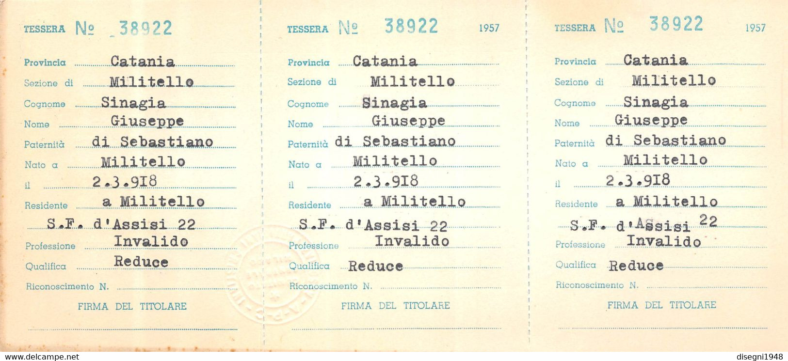 10383 "ASSOCIAZIONE  PARTIGIANI CRISTIANI 1947-1957-10° ANNIVERSARIO - TESSERA N. 38922 - CATANIA" ORIG - Altri & Non Classificati