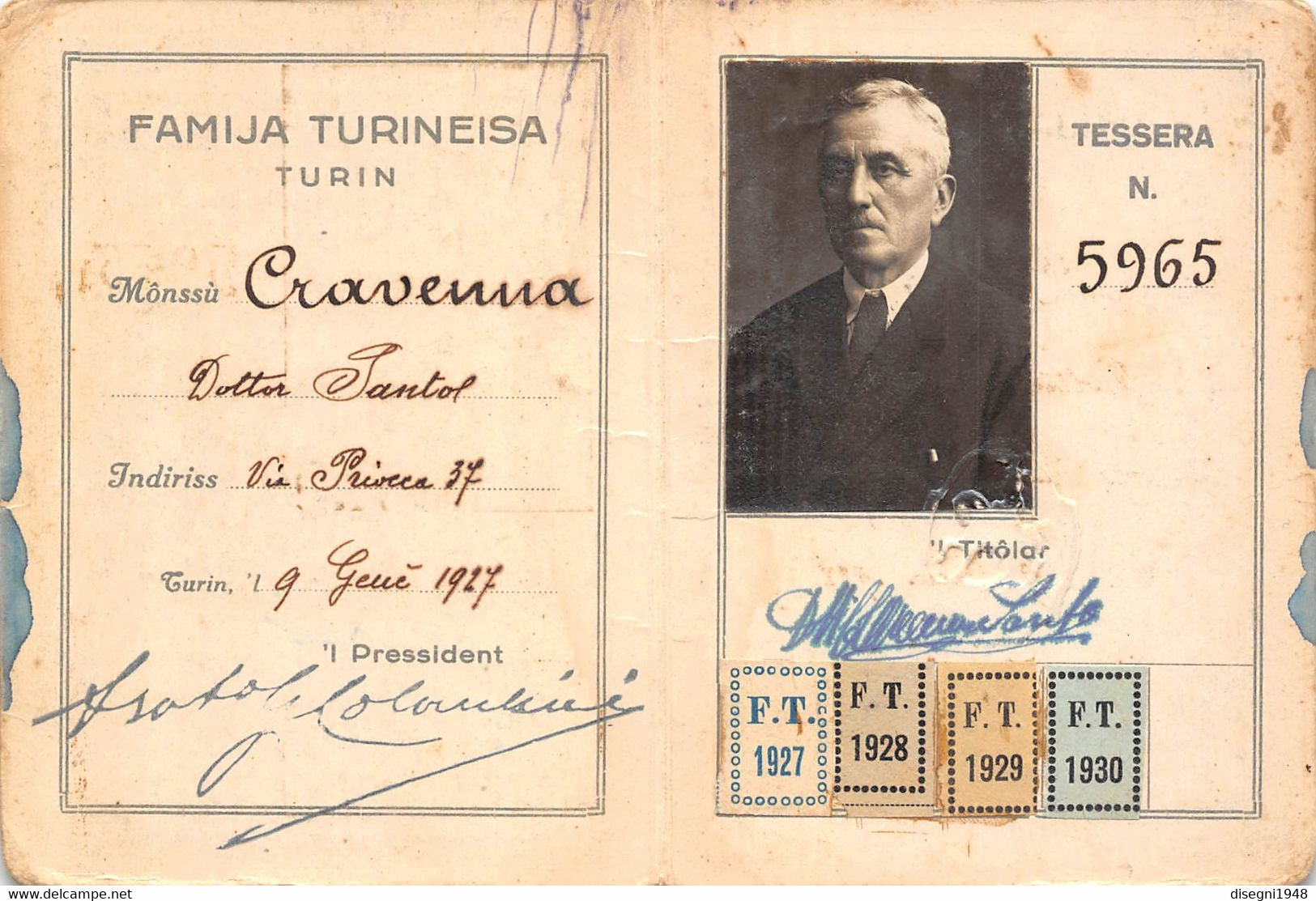 10384 "TORINO - TESSERA D'LA FAMIJA TURINEISA  - TESSERA NR. 5965 - 09/01/1927" ORIG - Andere & Zonder Classificatie