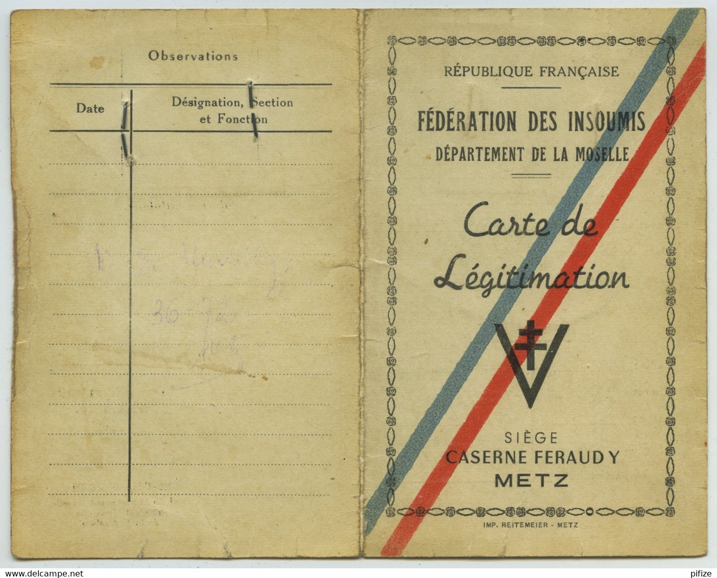 2 Cartes De La Fédération Des Insoumis. Caserne Féraudy, Metz, Moselle, 1948. Faulquemont + Cotisations 1953-54. - Documents Historiques