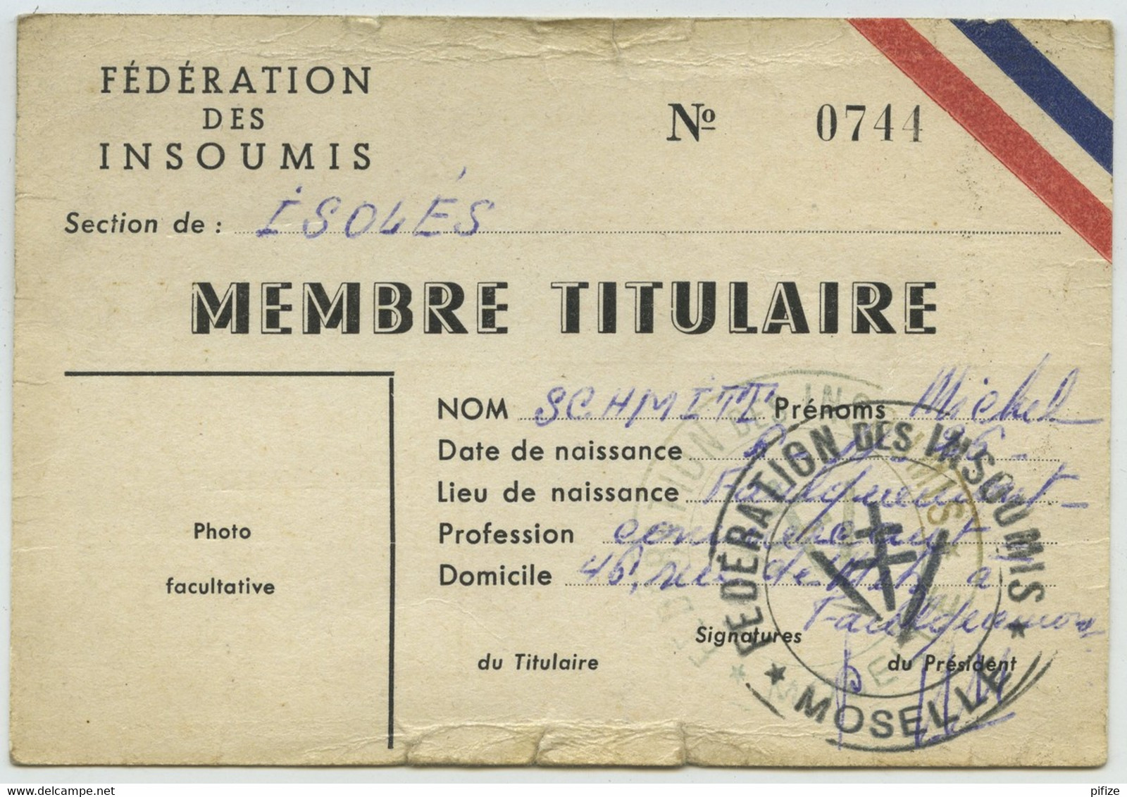 2 Cartes De La Fédération Des Insoumis. Caserne Féraudy, Metz, Moselle, 1948. Faulquemont + Cotisations 1953-54. - Documents Historiques