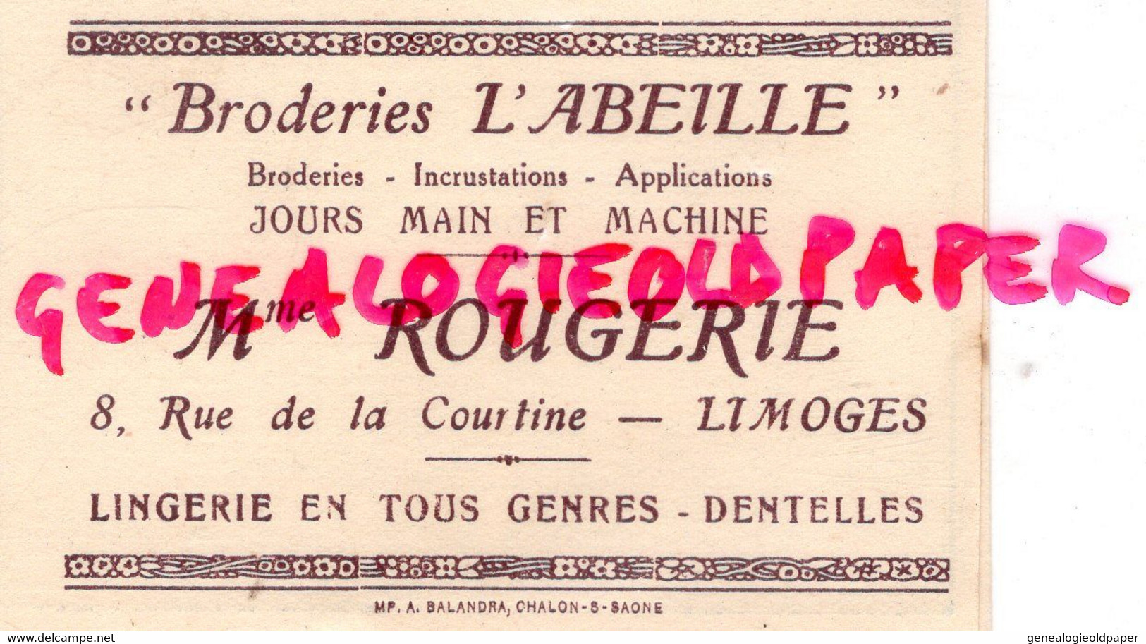 87- LIMOGES-PETIT CALENDRIER 1927- MME ROUGERIE BRODERIES L' ABEILLE-LINGERIE- 8 RUE DE LA COURTINE -BRODERIE DENTELLES - Formato Piccolo : 1921-40