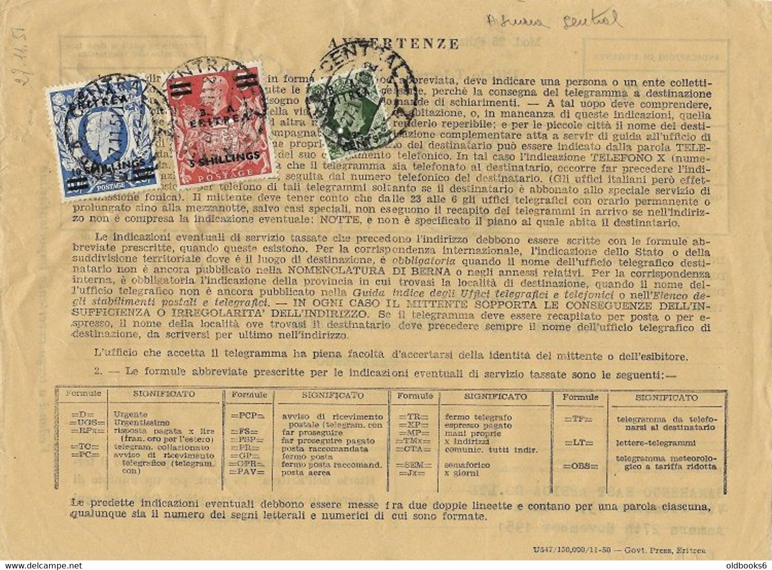 BRITISCHE MILITÄRPOST ITALIENISCH ERITREA 1951, Telegramm Von ASMARA 27.11. Nach Ceylon, Höchstwerte Frankiert - Eritrea