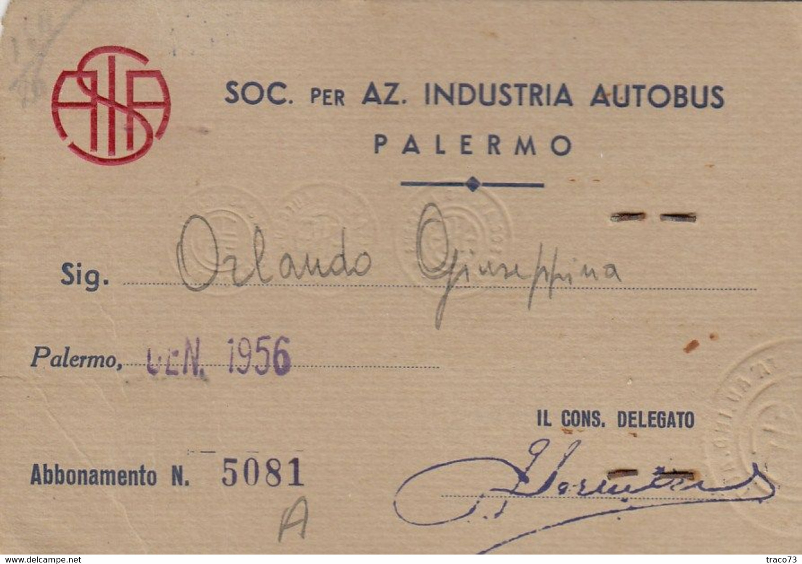 PALERMO /   Tessera _ SOC. Per Az. - INDUSTRIA AUTOBUS _ Anno 1956 - Europa